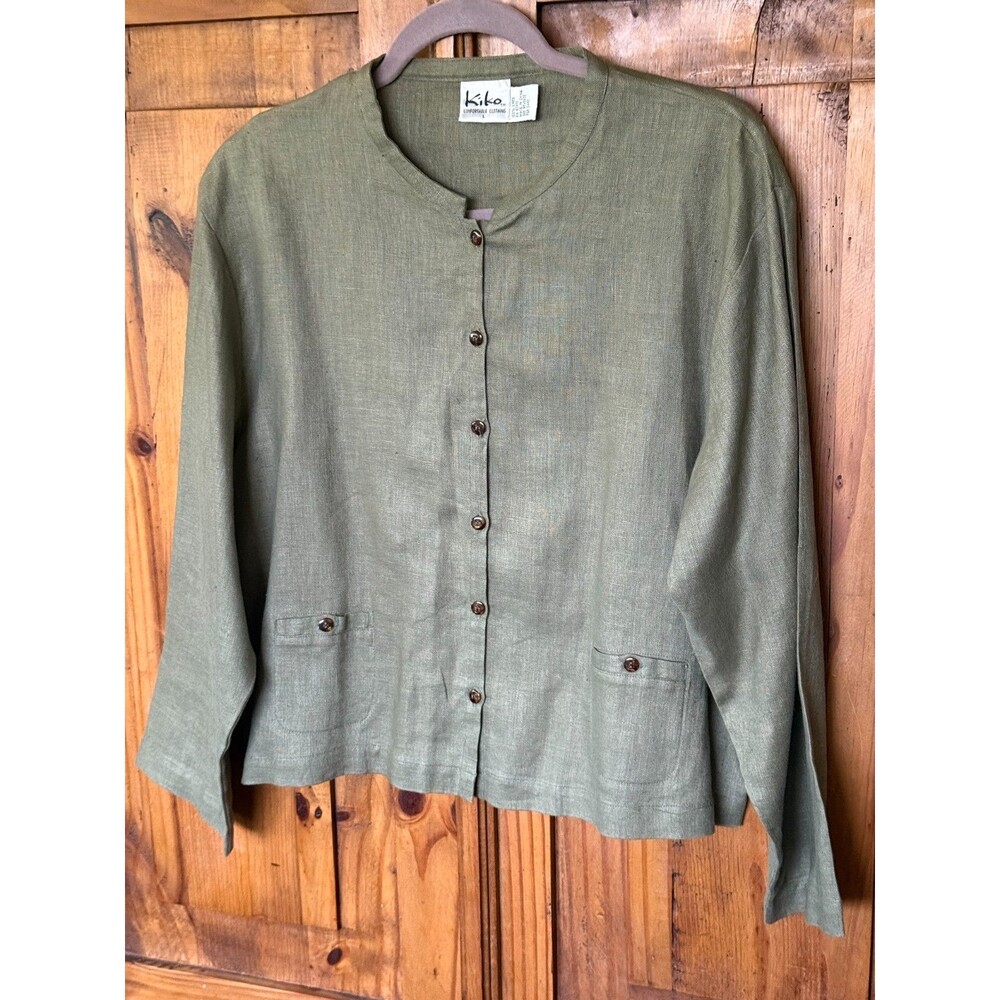 New Vintage Kiko Olive Green Linen Long Sleeve Boxy Top Size Large